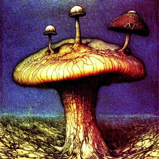 Image similar to strange mushroom by beksinski, luis royo and arthur rackham