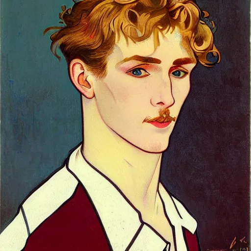 Image similar to painting of a young cute handsome beautiful androgynous strawberry blond medium curly! hair man in his early 2 0 s with a thin mustache and slight beard with grey - blue eyes wearing a blank maroon t - shirt, by alphonse mucha, vincent van gogh, egon schiele