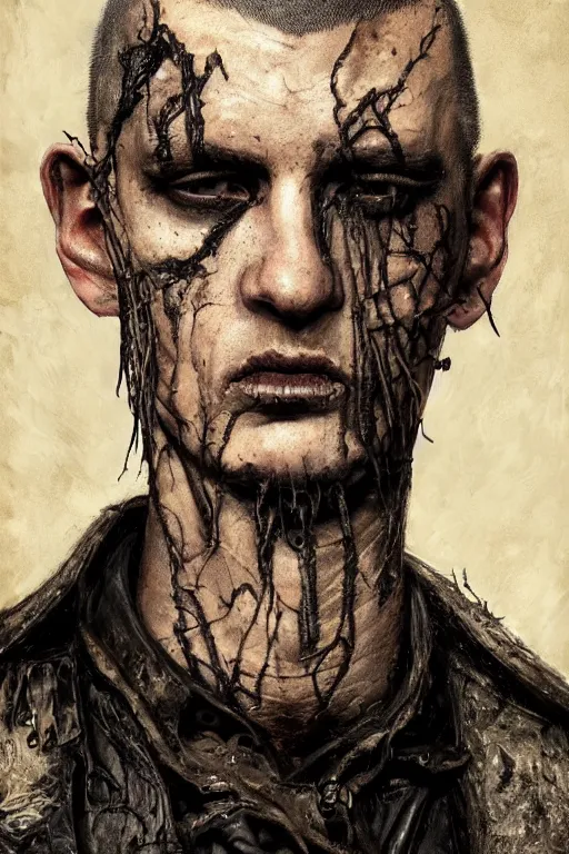 Prompt: a rough ugly young man, shaved head, gothic, tattered leather coat, intricate, elegant, dramatic lighting, ugly face, highly detailed, lifelike, photorealistic, digital painting, artstation, illustration, concept art, smooth, sharp focus, art by John Collier and Albert Aublet and Krenz Cushart and Artem Demura and Alphonse Mucha