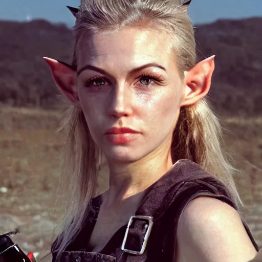 Image similar to close up headshot of a skinny female high-fantasy elf with a long face narrow chin and short spiky blonde hair wearing dark brown overalls and holding a bomb next to a destroyed car, gel spiked blond hair, small ears, narrow lips, high resolution film still, HDR color