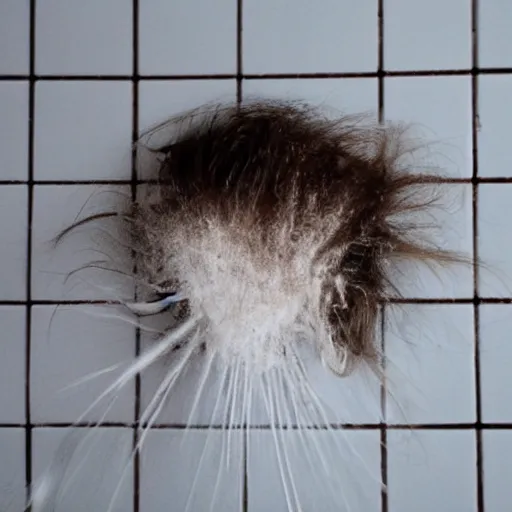 Prompt: mess of hair hairball on shower wall. tangled strands of hair. hair fell off a human and she stuck it to the wall.