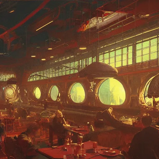 Prompt: painting of syd mead artlilery scifi diner with ornate metal work lands on a farm, filigree ornaments, volumetric lights, red sun, andreas achenbach