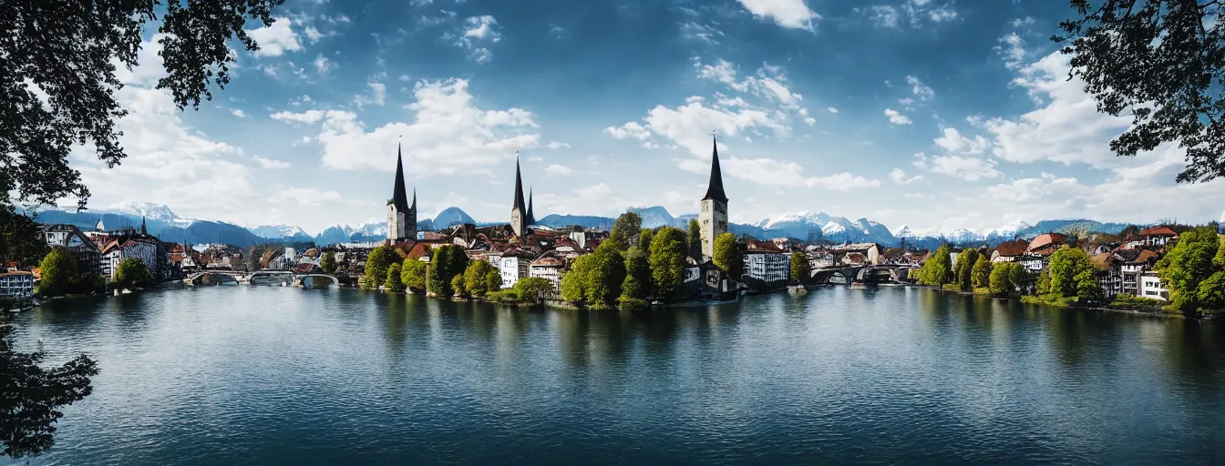 Image similar to Photo of Zurich, looking down the river at the lake and the alps, Hardturm, Grossmünster, wide angle, trees, volumetric light, hyperdetailed, caribean water, artstation, cgsociety, 8k