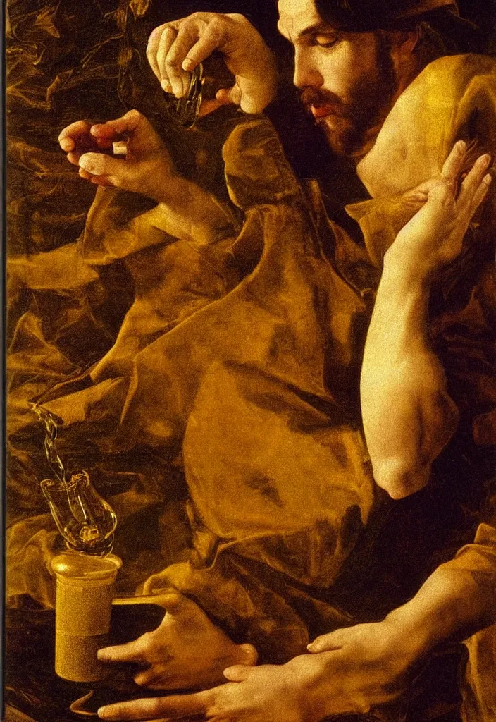 Image similar to men drinks golden liquid, closeup portrait, garden, ultra detailed, Orazio Gentileschi style