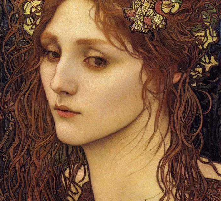 Image similar to detailed realistic beautiful young medieval queen face portrait by jean delville, alphonse mucha, vincent van gogh, and marco mazzoni, art nouveau, symbolist, visionary, gothic, pre - raphaelite