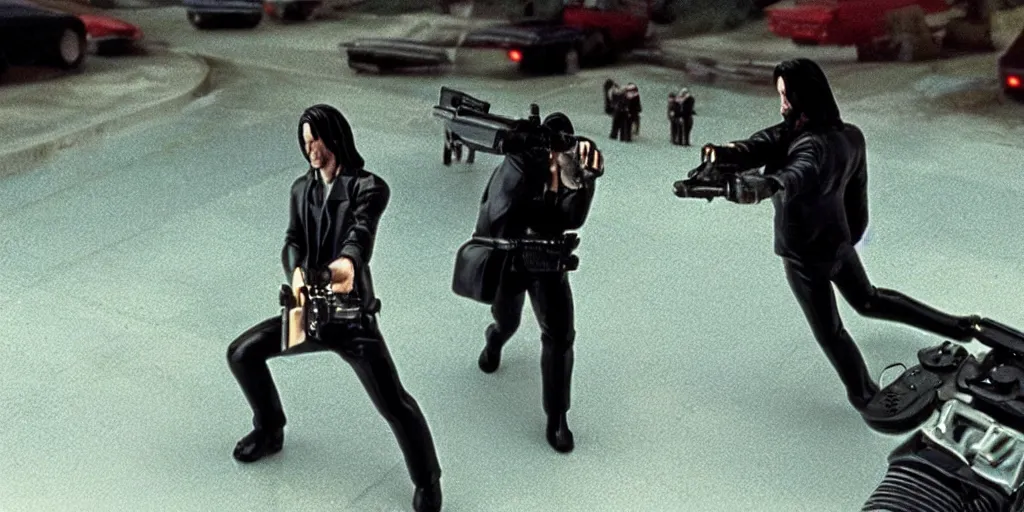 Image similar to beautiful hyperrealism three point perspective film still of Keanu Reeves as neo in bullet time aiming two uzi at agent smith in a nice oceanfront promenade motorcycle chase scene in Matrix meets kagemusha(1990) extreme closeup portrait in style of 1990s frontiers in translucent porclein miniature street photography seinen manga fashion edition,, tilt shift style scene background, soft lighting, Kodak Portra 400, cinematic style, telephoto by Emmanuel Lubezki