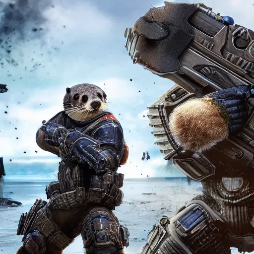 Prompt: a sea otter in gears of war armor firing a pistol