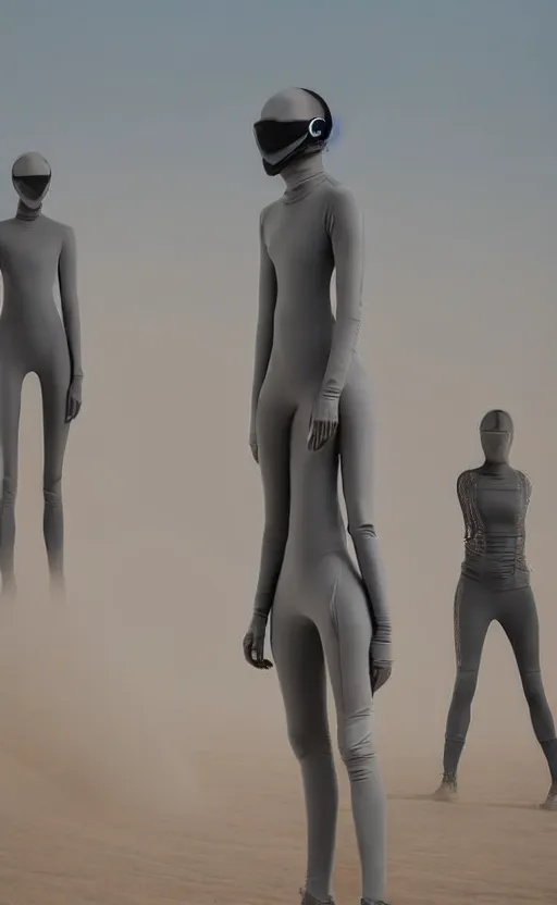 Image similar to closeup of people in futuristic gray body suits in the desert, on the horizon a giant sandstorm, dystopic, dust, intricate, highly detailed, photorealistic