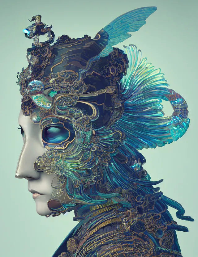 Image similar to 3 d goddess close - up profile solarpunk portrait ram skull. beautiful intricately detailed japanese crow kitsune mask and clasical japanese kimono. betta fish, jellyfish phoenix, bio luminescent, plasma, ice, water, wind, creature, artwork by tooth wu and wlop and beeple and greg rutkowski