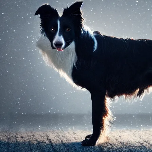 Image similar to Border Collie, splash art, movie still, cinematic lighting, dramatic, octane render, long lens, shallow depth of field, bokeh, anamorphic lens flare, 8k, hyper detailed, 35mm film grain