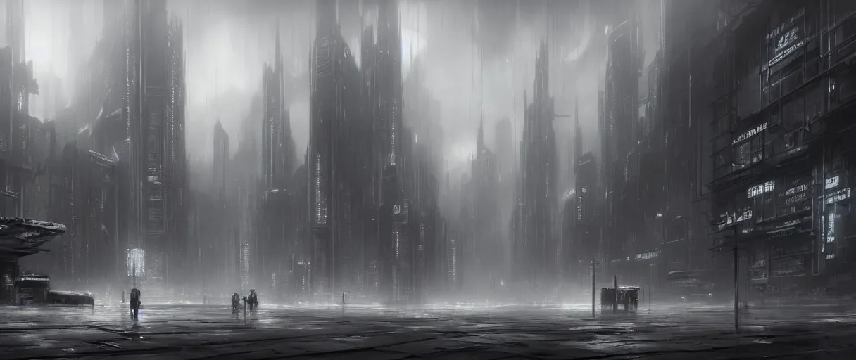 Prompt: dystopian cyberpunk world, with doors everywhere, grey sky, monochrome except doors, concept art, matte painting, high detail, doors on floor, dark, buildings made of doors, large scale, digital painting, style of jordan grimmer, high res