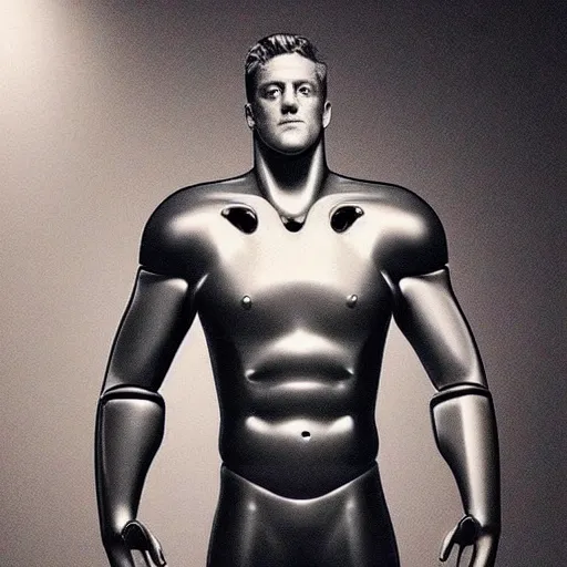 Image similar to “a realistic detailed photo of a guy who is an attractive humanoid who is half robot and half humanoid, who is a male android, football player JJ Watt, shiny skin, posing like a statue, blank stare”