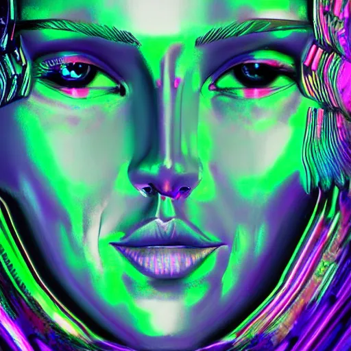 Image similar to chromatic 3d ultra realistic cyborg woman in psychedellic mirror environment digital art in synthwave style