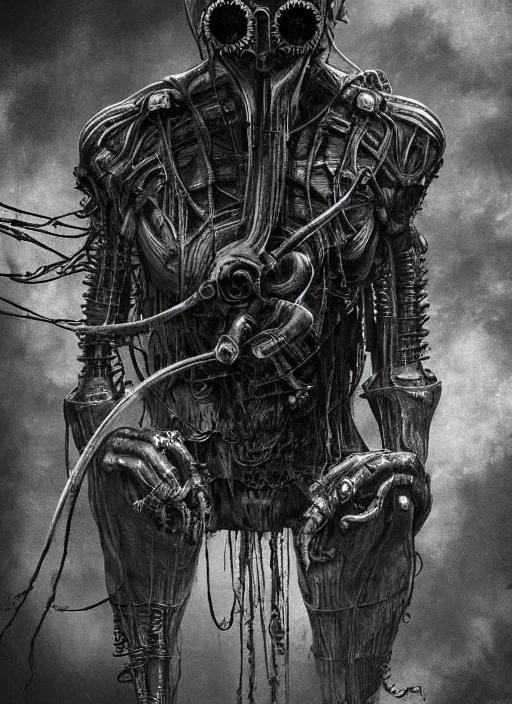 Image similar to Dark scary atmospheric detailed cyberpunk demon with mechanical wires wearing GAS MASK from the NetherRealm smoke mist vapor atmosphere by HR Giger