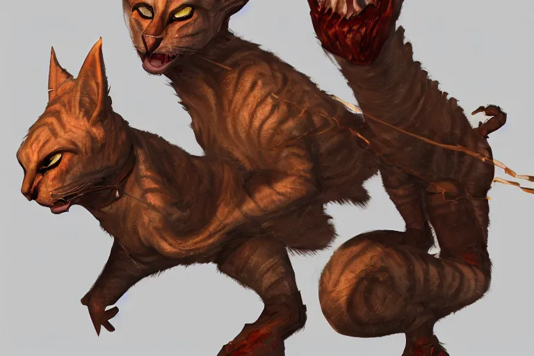 Prompt: hairless tabaxi dungeons and dragons wearing a golden robe. Evil red glowing eyes. Artstation, highly detailed, 8k