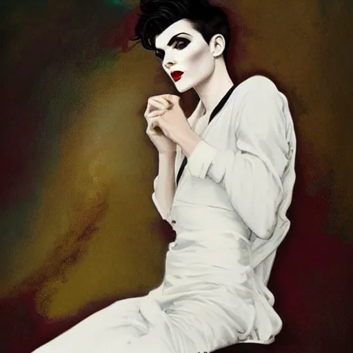 Image similar to beautiful portrait of androgynous ruby rose as desire from sandman in a white tuxedo!!!, rockabilly style,, by alphonse mucha, by jeremy mann, by peter lindbergh, dave mckean, by cedric peyravernay, white suit and black tie, soft lightning, high detailed, 8 k