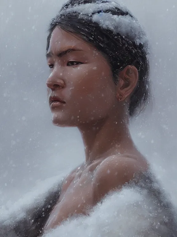 Image similar to an ultradetailed beautiful portrait painting of an female tribe native standing in an arctic snow storm, side view, oil painting, high resolution, by ilya kuvshinov, greg rutkowski and makoto shinkai