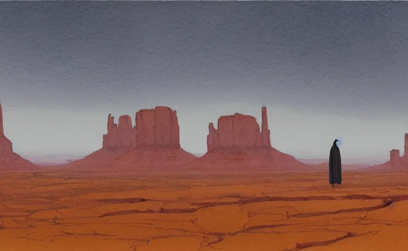 Image similar to a hyperrealist watercolor concept art of a sci - fi futurist buildings on the horizon of monument valley. a medieval monk in grey robes is in the foreground. golden hour. very muted colors, by rebecca guay, michael kaluta, charles vess. high detail, hq, wide shot, 4 k