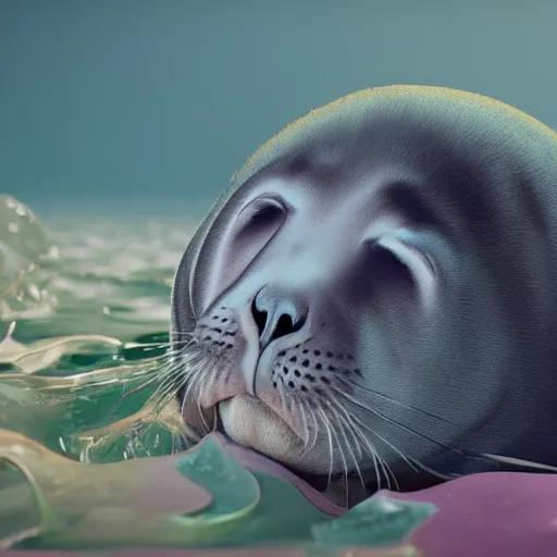 Image similar to Prince in pastel!!!!, A seal sleeping peacefully in a kelp forest, cinematic, hyper realistic, detailed, 8k, octane render.