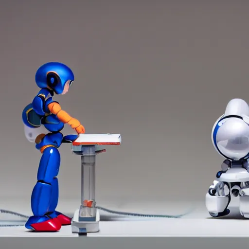 Image similar to photo of figma figures inside a diorama of a laboratory : : a cute humanoid female ball - jointed long - haired robot in the style of mega man is repairing computers, with companion robots.