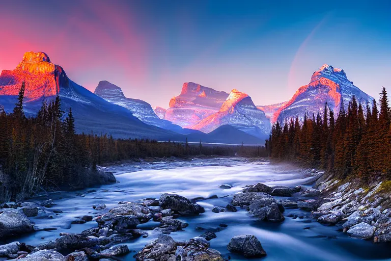 Image similar to an epic landscape painting of the three sisters mountains in canada, with snow on its peak, at sunrise in springtime, with bow river in the foreground, painted by x, atmospheric, volumetric lighting, rolling fog, breathtaking, highly detailed