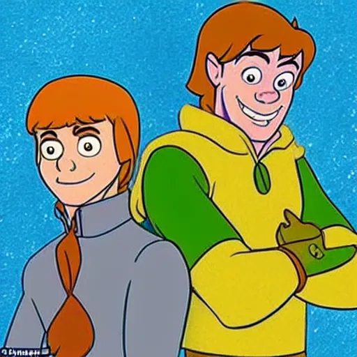 Image similar to am i glad hes in there and we're out here and hes the sherrif, and we're frozen out here and we're out here oh i just remembered, we're out here, shaggy and fred from scooby doo, cartoon still