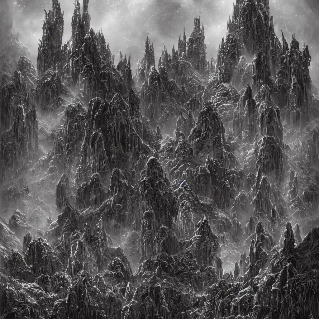 Image similar to dark medieval alien castles, grotesque towers and odd structures forming an ancient and powerful cityscape in the mountains of antarctica, upward cinematic angle, by rodney matthews, michael kaluta, and john byrne, fantasy art, intense atmosphere, stark winter night aesthetics, stunning composition, alien faces, monstrous statues, intricate, strange, ornate, digital art, hyperdetailed, colorful hyperrealism, photorealism, 8k