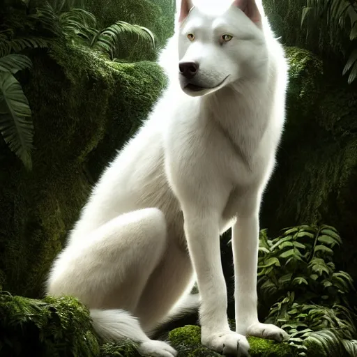 Image similar to white alaskan husky creature creature in a lush vegetation, warm tones, bioluminescent translucent : : by michal karcz, daniel merriam, victo ngai and guillermo del toro : : ornate, dynamic, particulate, intricate, elegant, highly detailed, centered, artstation, smooth, sharp focus, octane render, 3 d