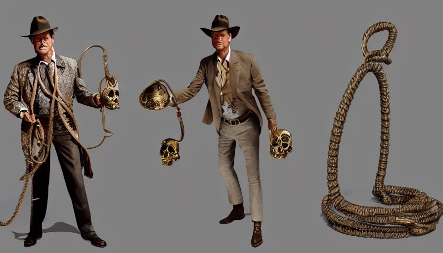 Image similar to roger moore as indiana jones holding a whip in left hand and holding a golden mayan skull in the right hand, grey background, hyperdetailed, artstation, cgsociety, 8 k