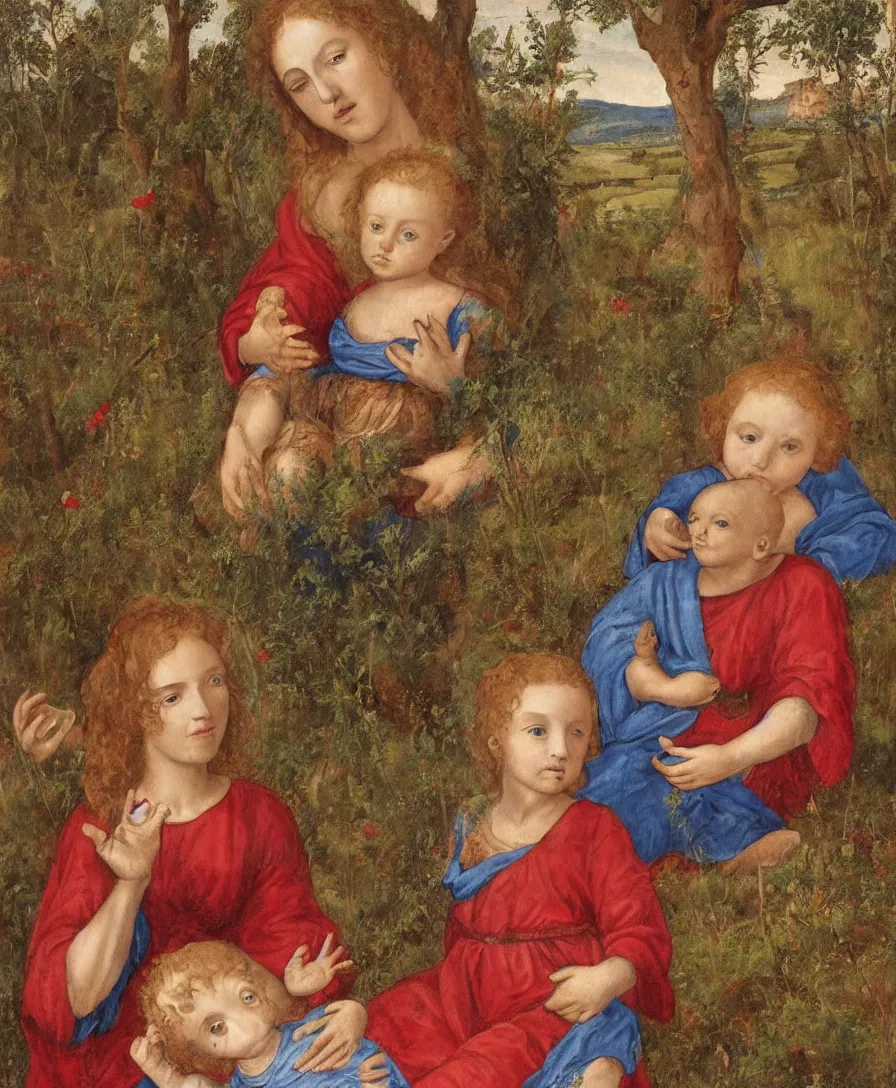 Image similar to Detailed Portrait of Madonna, curly red hair red shirt blue cloth, with infant Jesus, holding a thin cross and talking with another boy in front in the style of Raffael. They are sitting in a dried out meadow trees near Florence tuscany, red poppy in the field. The horizon is blue, there is a blue lake with a town and blue mountains. Flat perspective.