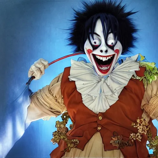 Image similar to highly detailed vfx portrait of buggy the clown by eiichiro oda, makoto shinkai, alphonse mucha, sharp focus, art by artgerm and greg rutkowski!, backlit, harsh overhead sunlight, blue eyes, stanley kybric, makoto yukimura, takeshi obata, kaoru mori, pixiv, fanbox,