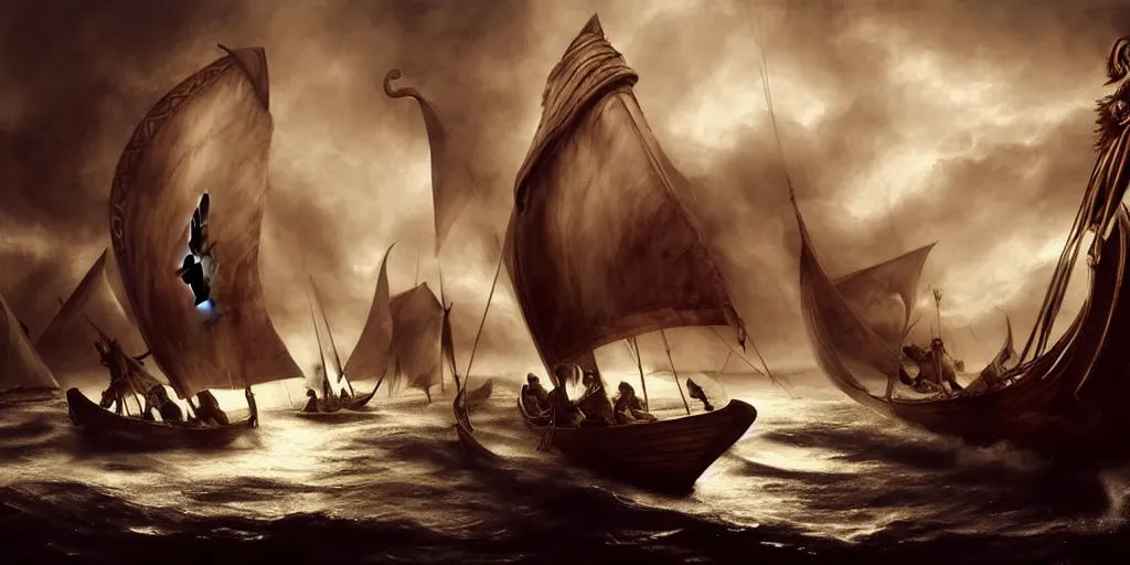 Prompt: vikings sailing a longship, by Rolf Armstrong and Evelyn De Morgan and Bastien Lecouffe-Deharme, dramatic lighting, high contrast colors, baroque, empyrean, panoramic view, as trending on Artstation, highly detailed, doom engine,