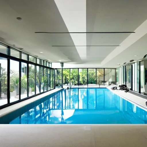 Prompt: indoor pool architecture, wide open space, long corridors, light and shadows, sterile