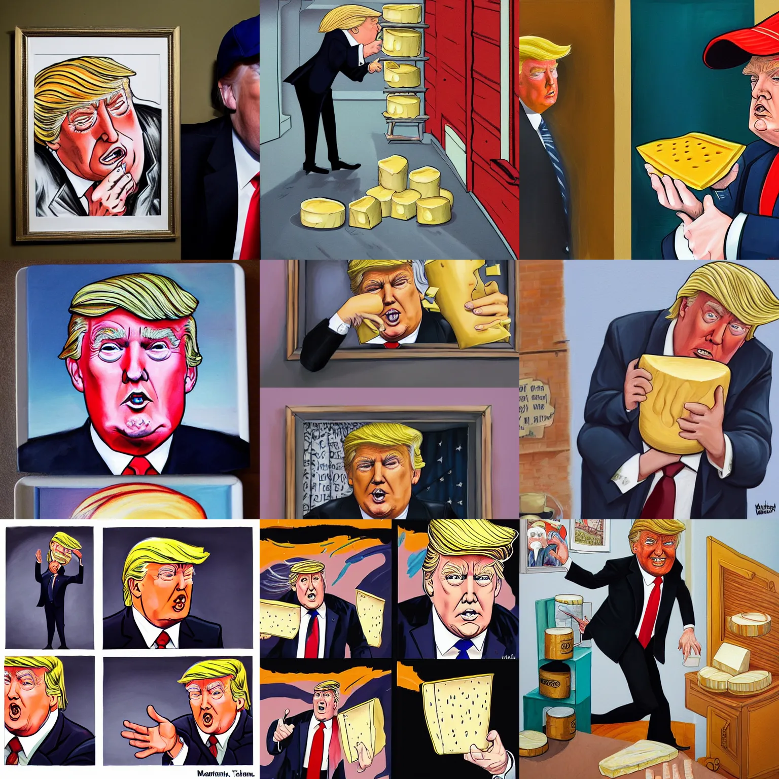 Prompt: a very shifty Donald Trump getting caught sneaking around stealing cheese painted by Martine Johanna