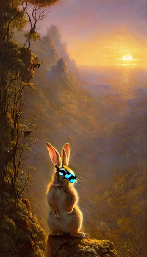 Image similar to rabbit looking off of a cliff, sun setting behind rabbit, lush forest in valley below, painted by tom bagshaw, james gurney, gaston bussiere, craig mullins, j. c. leyendecker 8 k