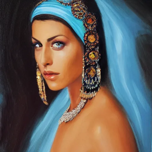 Image similar to young Monica Belluci as an Arab woman, tanned skintone, bright blue eyes, white transparent veil, glare face, light blue dress portrait, painting