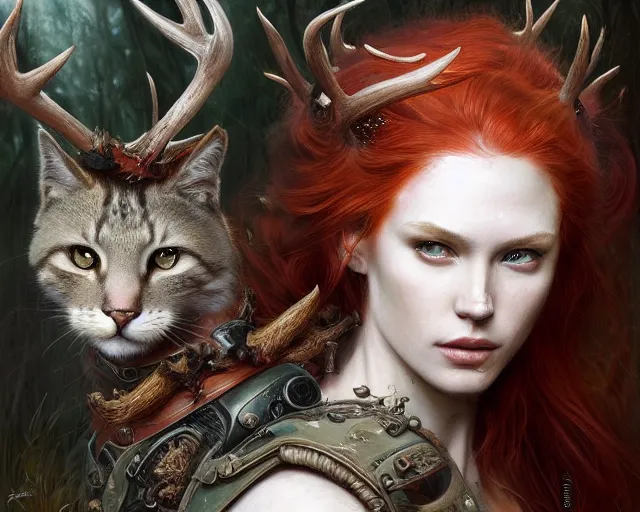Image similar to 5 5 mm portrait photo of an armored gorgeous aesthetic redhead woman warrior with a face tattoo and antlers growing from her head and cat on her shoulder, in a magical forest. art by greg rutkowski and luis royo. highly detailed 8 k. intricate. lifelike. soft light. nikon d 8 5 0.
