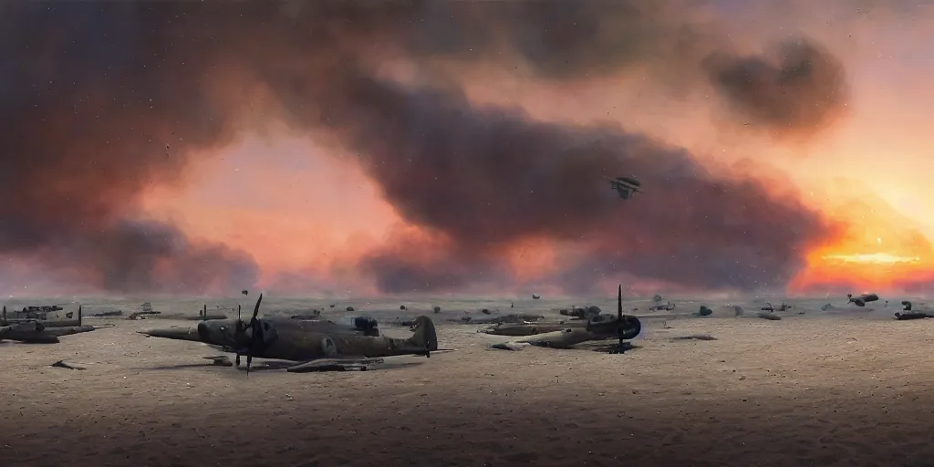 Image similar to normandy!!!!!, 1 9 4 5, airplanes bombing the beach, sunset, sadness, ( ( painting ) ) by jessica rossier and ivan shishkin, ultra realistic!!!, d - day, smoke, highly detailed, the landings, soldiers charging in, chaos!!!, fire, cinematic, wide shot, destroyed tanks, ray tracing