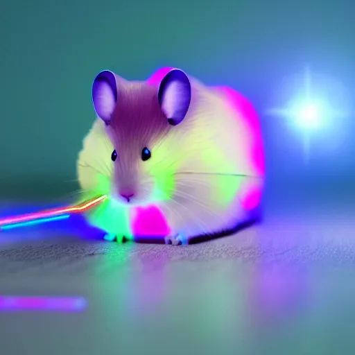 Image similar to cyberpunk hamster holding rainbow gem crystal, neon lights, light reflection, 8 k, hd