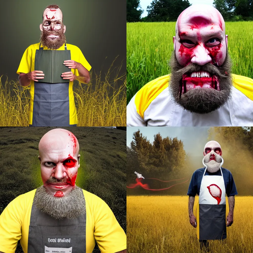 Prompt: Man with fish eye tumor head, fake white long beard but visible chin and blood over entire body, wearing a yellow apron holding a book in a dark tall grass field with four fire spinners behind him