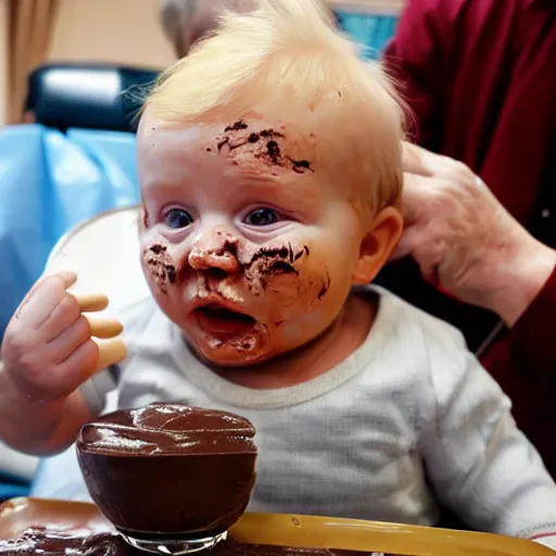 Prompt: a baby with donald trump's head sits in a highchair with chocolate pudding all over his face, gettyimages,