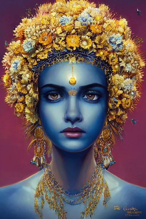 Prompt: a pale Indian girl with white hair, floral crown, sad blue eyes, cinematic lighting, ultra detailed, highly detailed, sharp focus, golden background with flowers, golden jewellery with blue sapphires, photographic, art by artgerm and greg rutkowski and zdislav beksinski