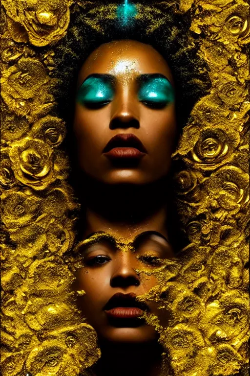 Prompt: hyperrealistic post - dada cinematic very expressive! profile black oshun goddess, head emerging from water, mirror dripping droplet!, gold flowers, highly detailed face, digital art masterpiece, smooth eric zener cam de leon, dynamic pearlescent teal light, low angle uhd 8 k, sharp focus