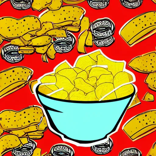 Prompt: Delicious bowl of potato chips, pop art, digital art