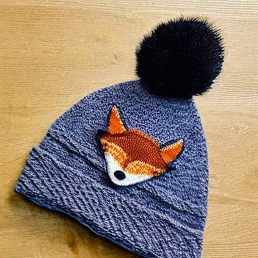 Prompt: a knitted hat that looks like a fox, very detailed, product photo