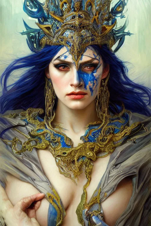 Prompt: painted close up portrait of queen of pain, blue skin, beautiful, dangerous, stoic, blue leather armor, ice arrows, jungle, fantasy, intricate, elegant, highly detailed, digital painting, artstation, concept art, smooth, sharp focus, illustration, art by gaston bussiere and alphonse mucha