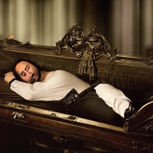 Image similar to Nicolas Cage sleeping in coffin with arms crossed, victorian castle, flash photography