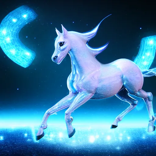 Image similar to cyber horse in the spirit realm, ice, cosmic, octane render, digital painting, award winning photograph