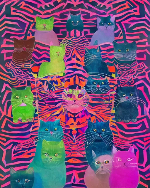 Image similar to a tribe of fluffy cats interweaved hide and seek within an abstract representative geometric art, by Hannah af Klint, Henriëtte Ronner-Knip and Felipe Pantone, theosophy series mixed media 4K detailed kitsch digital painting with pop fluorescent spray paint, and typographic annotation, symmetrical, rule of thirds