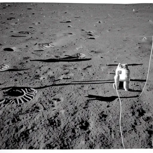 Prompt: A photo of a cat's first landing on the Moon, 1969, Apollo 11 mission, old camera, restored from the archives